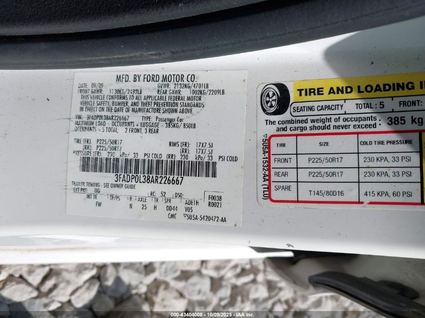 2010 Ford Fusion Hybrid VIN: 3FADP0L38AR226667 Lot: 43404008