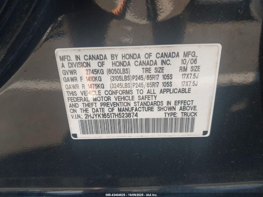 2007 Honda Ridgeline Rtl VIN: 2HJYK16517H523874 Lot: 43404025