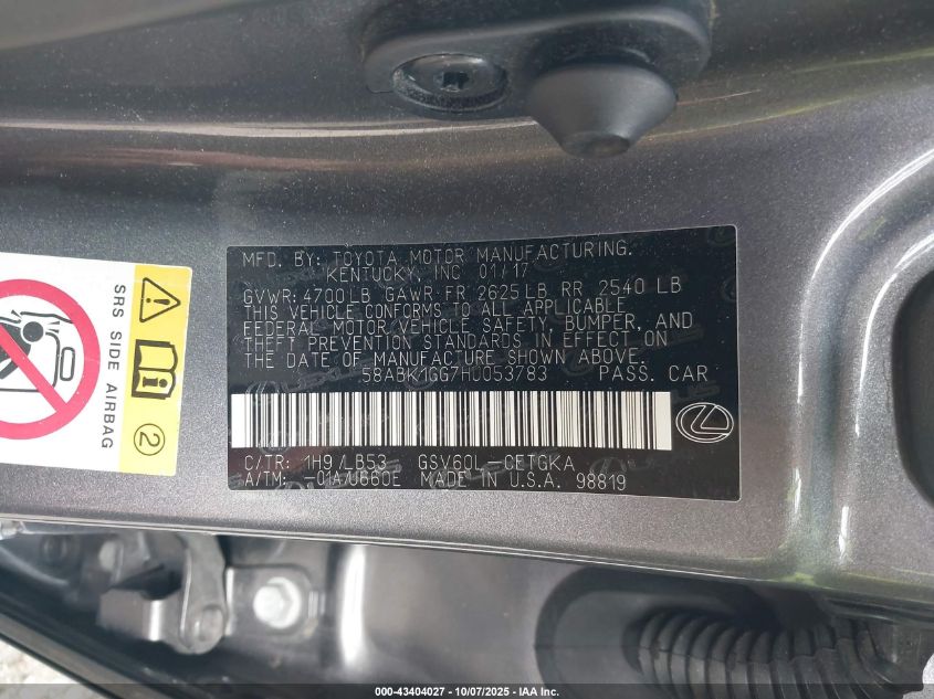 2017 Lexus Es 350 VIN: 58ABK1GG7HU053783 Lot: 43404027