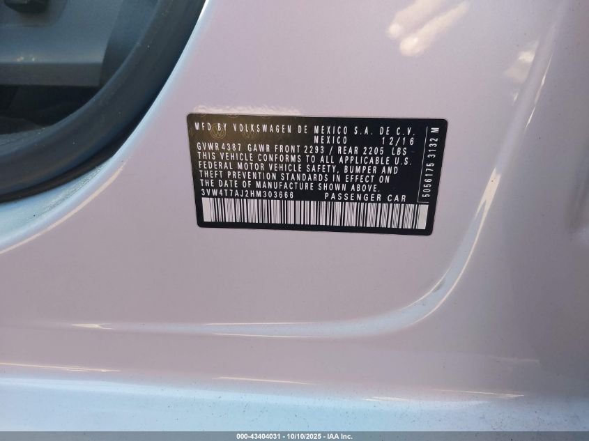 2017 Volkswagen Jetta Gli VIN: 3VW4T7AJ2HM303666 Lot: 43404031