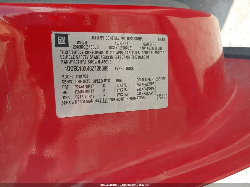 2008 Chevrolet Silverado 1500 Work Truck VIN: 1GCEC19X48Z136089 Lot: 43404035