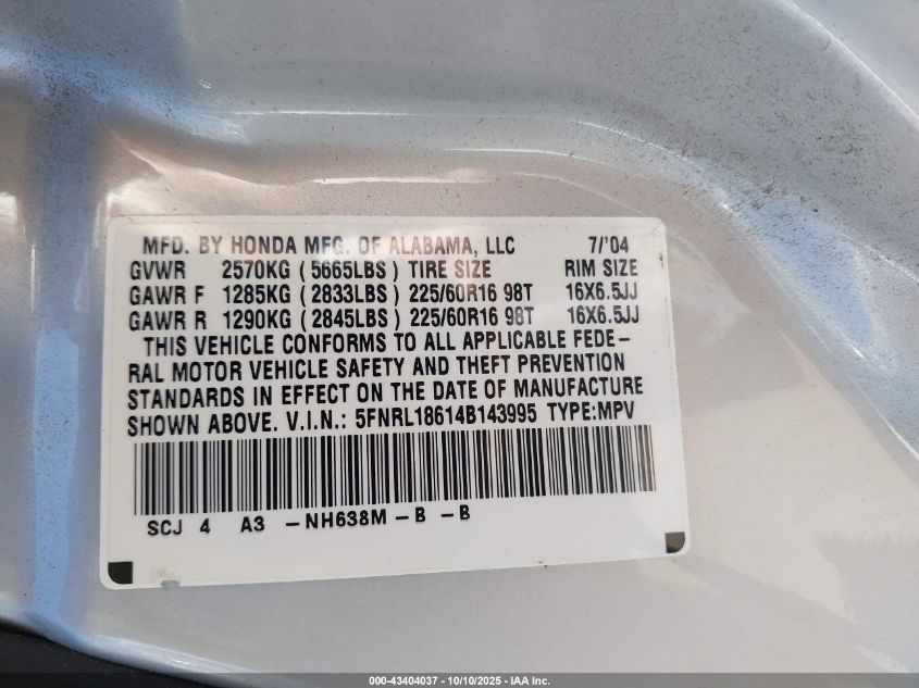 2004 Honda Odyssey Ex VIN: 5FNRL18614B143995 Lot: 43404037