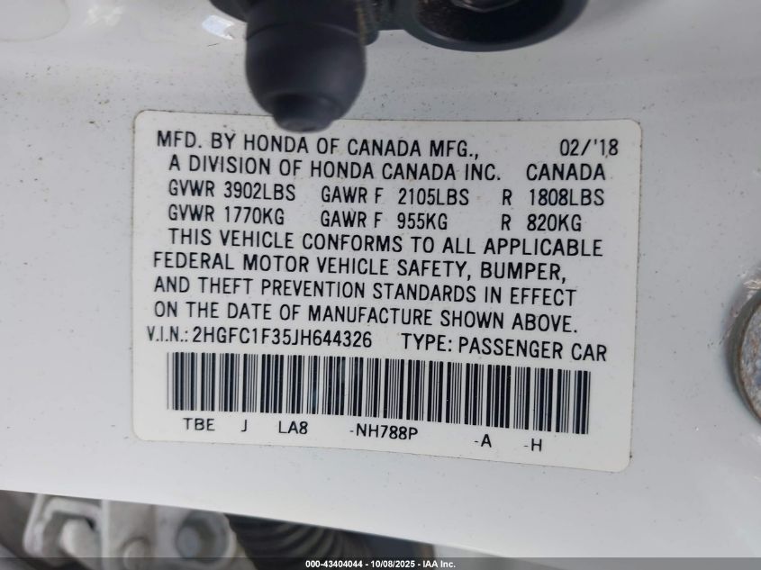 2018 Honda Civic Ex-T VIN: 2HGFC1F35JH644326 Lot: 43404044