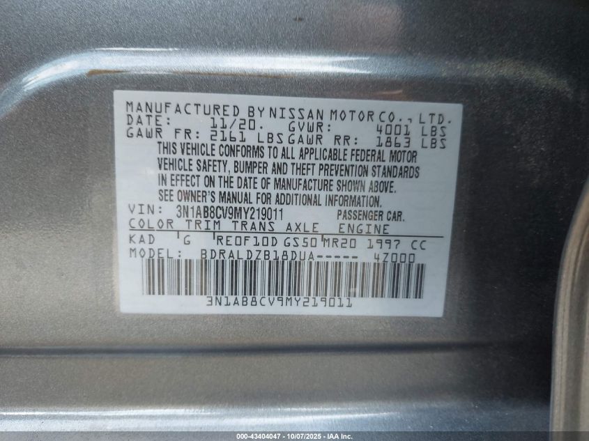 2021 Nissan Sentra Sv Xtronic Cvt VIN: 3N1AB8CV9MY219011 Lot: 43404047