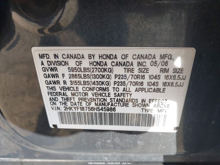 2006 Honda Pilot Ex-L VIN: 2HKYF18756H545986 Lot: 43404048