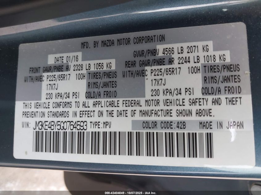 2016 Mazda Cx-5 Sport VIN: JM3KE4BY5G0764593 Lot: 43404049