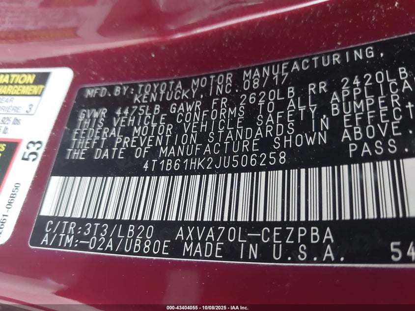 2018 Toyota Camry Xse VIN: 4T1B61HK2JU506258 Lot: 43404055