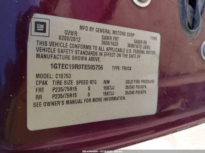 1996 GMC Sierra C1500 VIN: 1GTEC19R9TE505756 Lot: 43404056