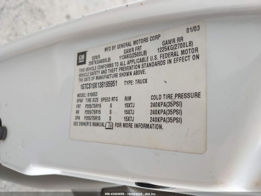 2003 GMC Sonoma Sls VIN: 1GTCS19X138195951 Lot: 43404058