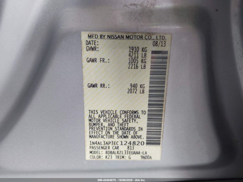 2014 Nissan Altima 2.5 S VIN: 1N4AL3AP3EC124820 Lot: 43404070