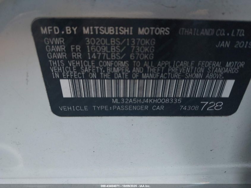 2019 Mitsubishi Mirage Le VIN: ML32A5HJ4KH008335 Lot: 43404071