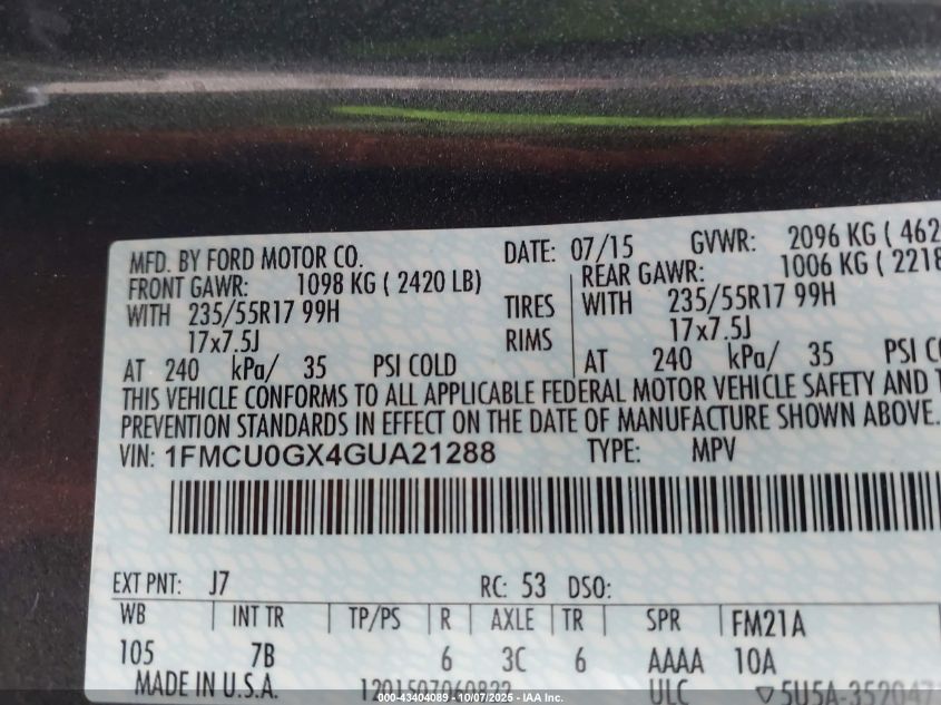 2016 Ford Escape Se VIN: 1FMCU0GX4GUA21288 Lot: 43404089