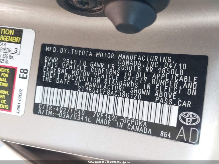 2010 Toyota Corolla Le VIN: 2T1BU4EE8AC386120 Lot: 43404092