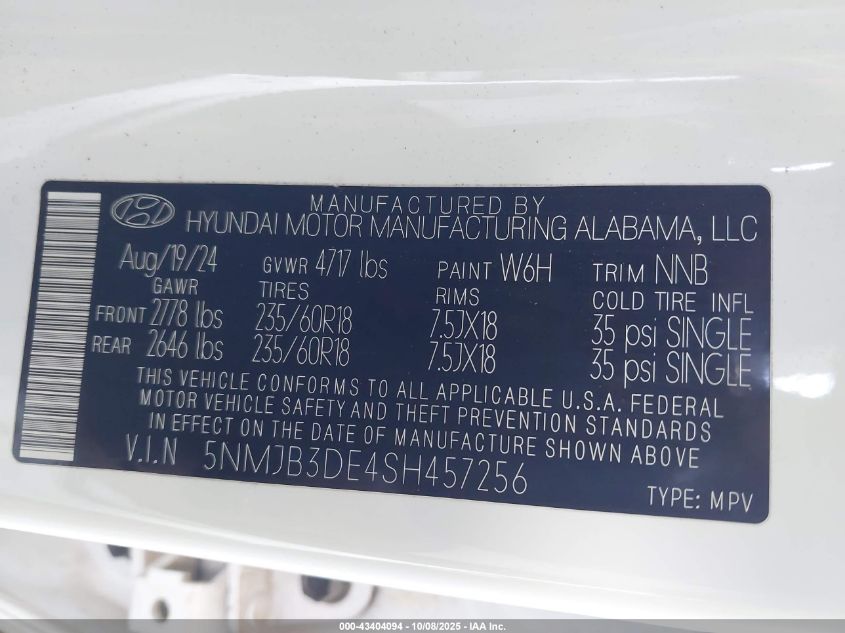 2025 Hyundai Tucson Sel VIN: 5NMJB3DE4SH457256 Lot: 43404094