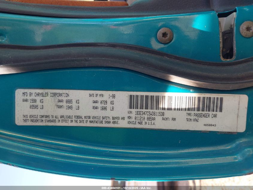 1998 Dodge Neon Competition/Highline VIN: 1B3ES47C5WD611538 Lot: 43404101