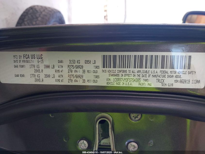 2015 Ram 1500 Laramie VIN: 1C6RR7VM3FS754385 Lot: 43404110