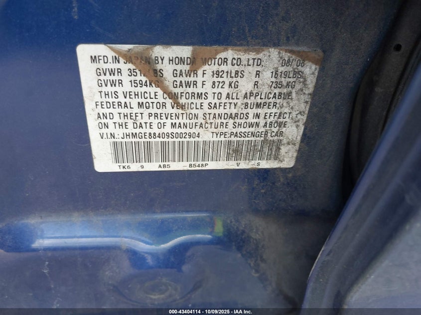 2009 Honda Fit Sport VIN: JHMGE88409S002904 Lot: 43404114