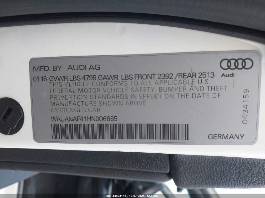 2017 Audi A4 2.0T Premium VIN: WAUANAF41HN006665 Lot: 43404116