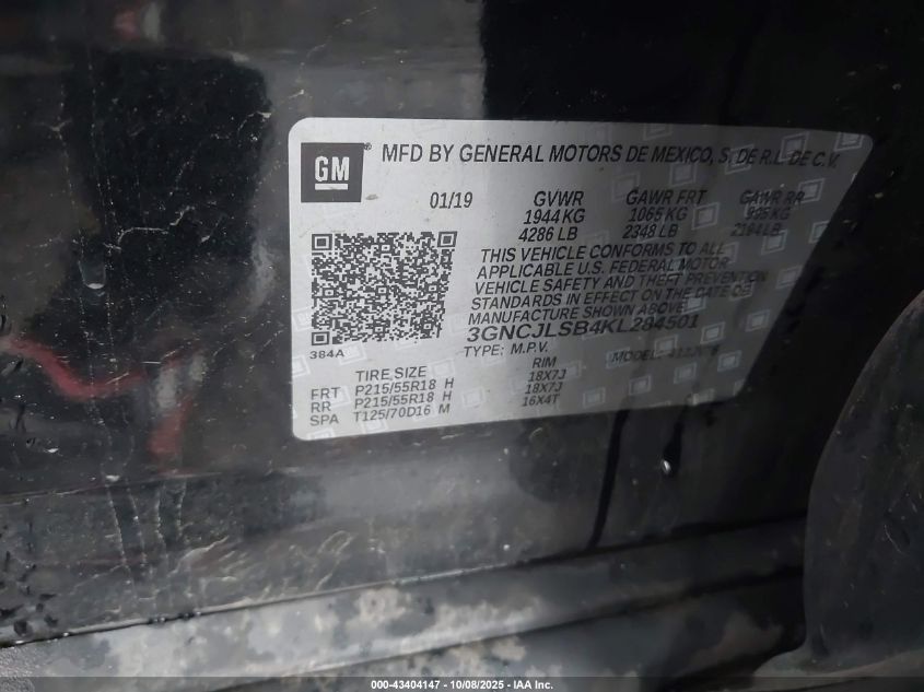 2019 Chevrolet Trax Lt VIN: 3GNCJLSB4KL284501 Lot: 43404147