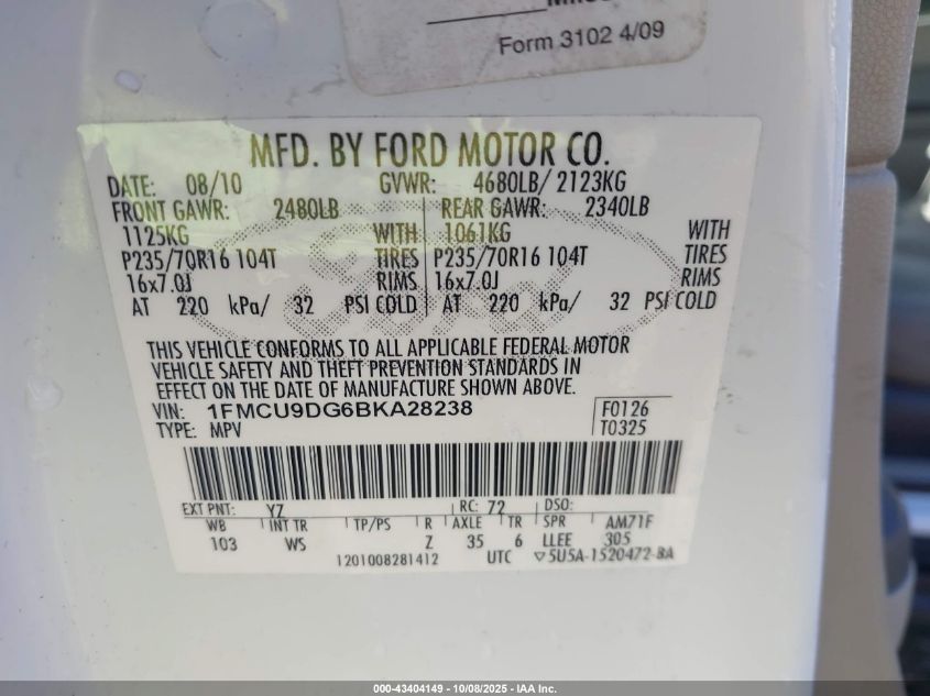 2011 Ford Escape Xlt VIN: 1FMCU9DG6BKA28238 Lot: 43404149