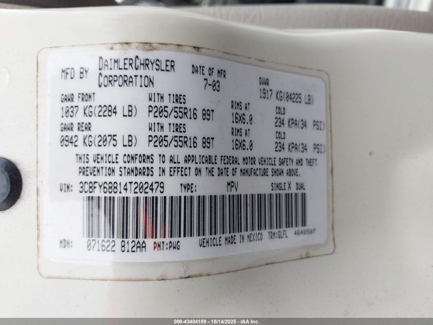 2004 Chrysler Pt Cruiser Limited VIN: 3C8FY68814T202479 Lot: 43404159