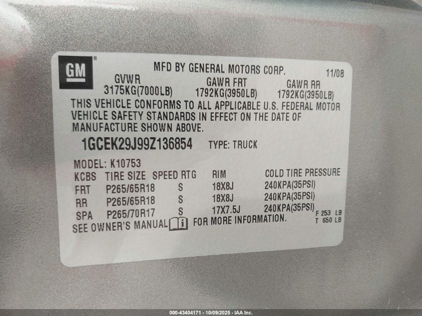 2009 Chevrolet Silverado 1500 Lt VIN: 1GCEK29J99Z136854 Lot: 43404171