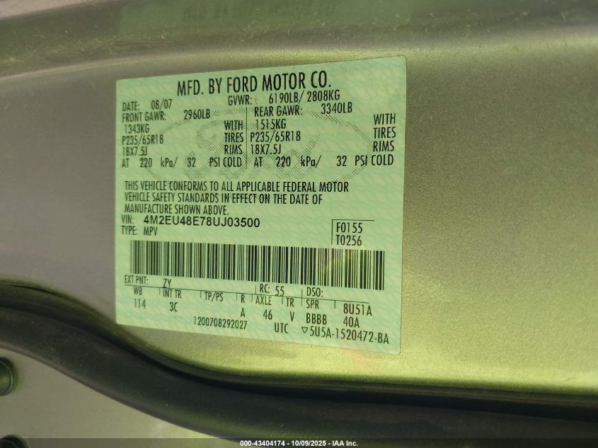 2008 Mercury Mountaineer Premier VIN: 4M2EU48E78UJ03500 Lot: 43404174