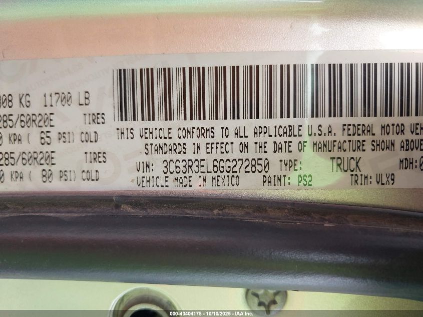 2016 Ram 3500 Laramie VIN: 3C63R3EL6GG272850 Lot: 43404175