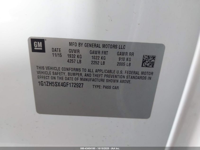 2016 Chevrolet Malibu Premier VIN: 1G1ZH5SX4GF172927 Lot: 43404180