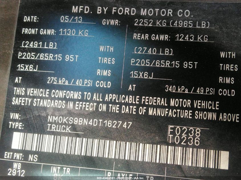 2013 Ford Transit Connect Xlt VIN: NM0KS9BN4DT162747 Lot: 43404181