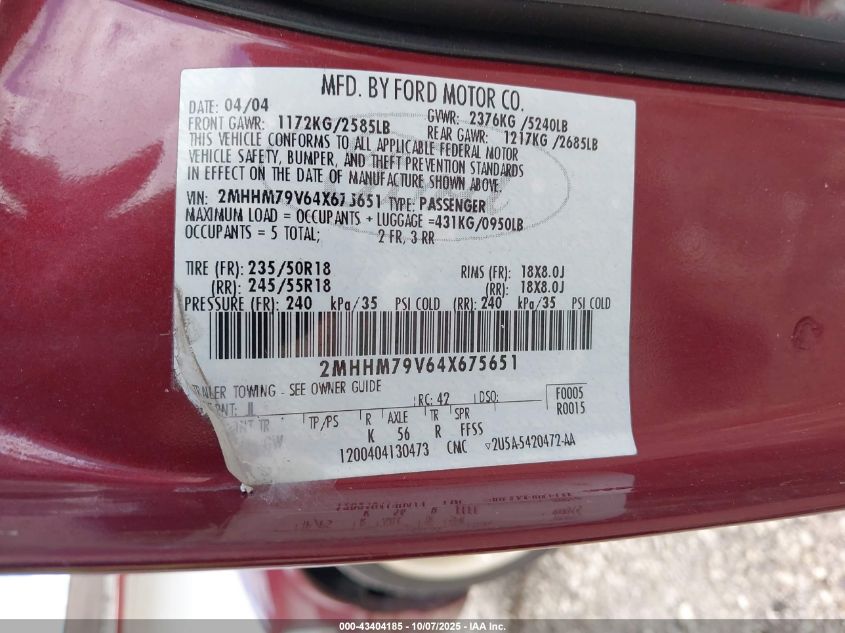 2004 Mercury Marauder VIN: 2MHHM79V64X675651 Lot: 43404185