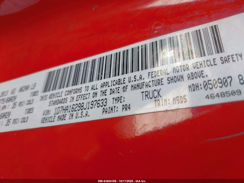 2008 Dodge Ram 1500 Slt VIN: 1D7HA16298J197633 Lot: 43404186