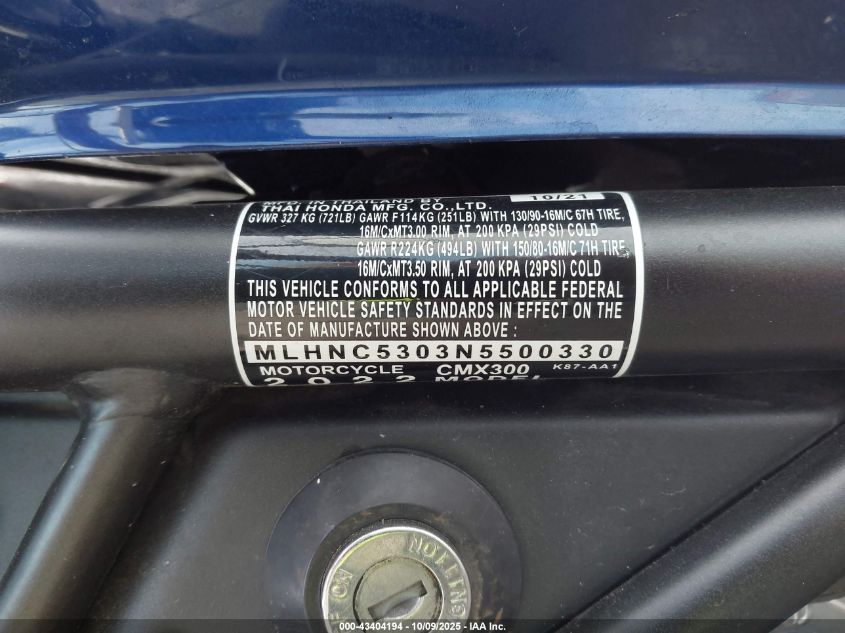 2022 Honda Cmx300 VIN: MLHNC5303N5500330 Lot: 43404194