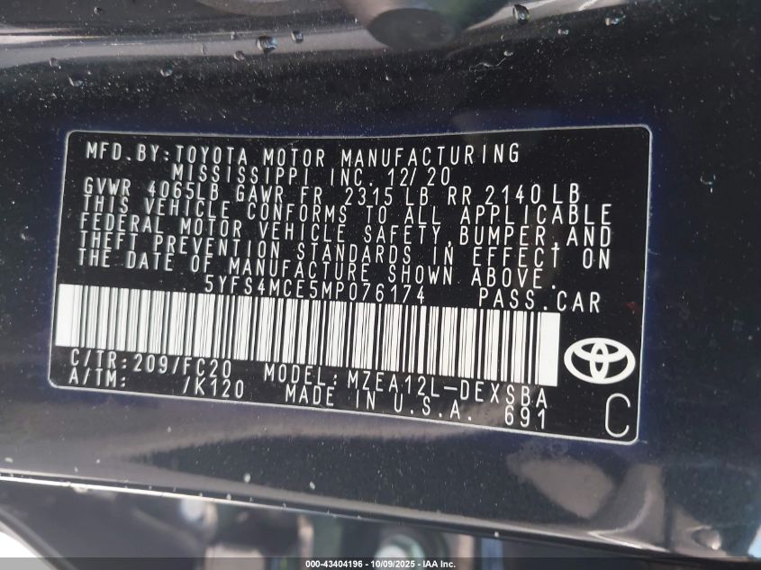 2021 Toyota Corolla Se VIN: 5YFS4MCE5MP076174 Lot: 43404196