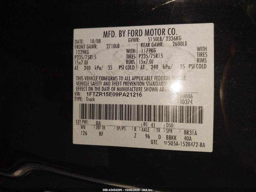 2009 Ford Ranger Xlt VIN: 1FTZR15E09PA21216 Lot: 43404209