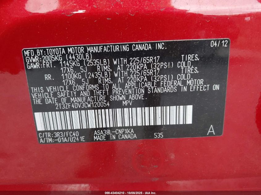 2012 Toyota Rav4 VIN: 2T3ZF4DV3CW120054 Lot: 43404210