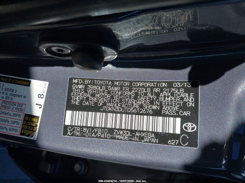 2013 Toyota Prius Three VIN: JTDKN3DU1D5612676 Lot: 43404214