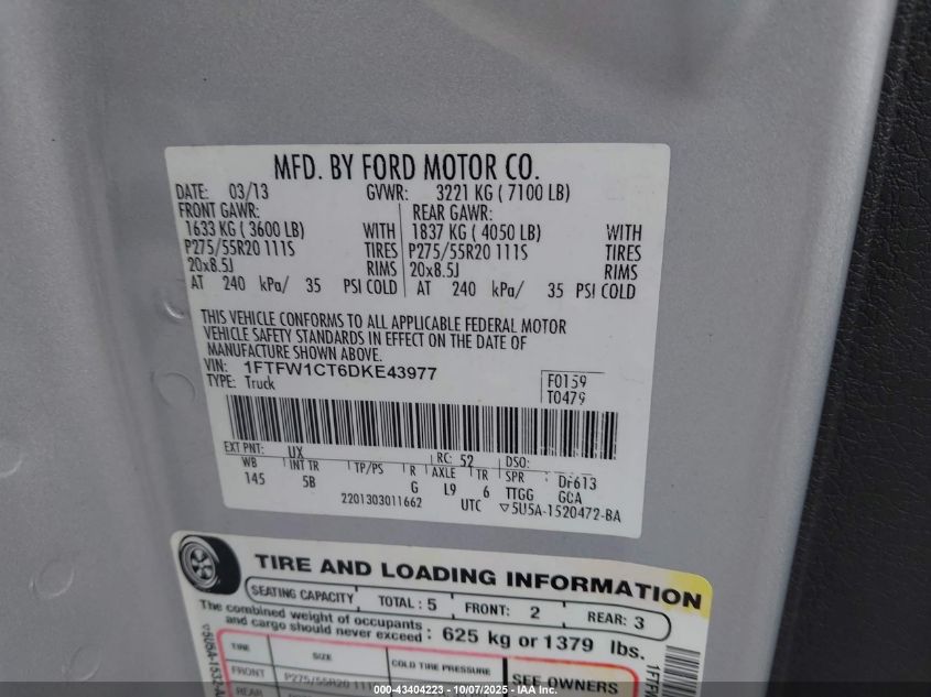 2013 Ford F-150 Fx2 VIN: 1FTFW1CT6DKE43977 Lot: 43404223