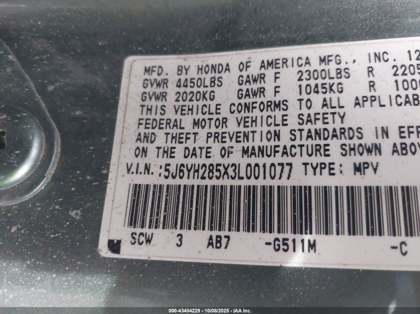 2003 Honda Element Ex VIN: 5J6YH285X3L001077 Lot: 43404229