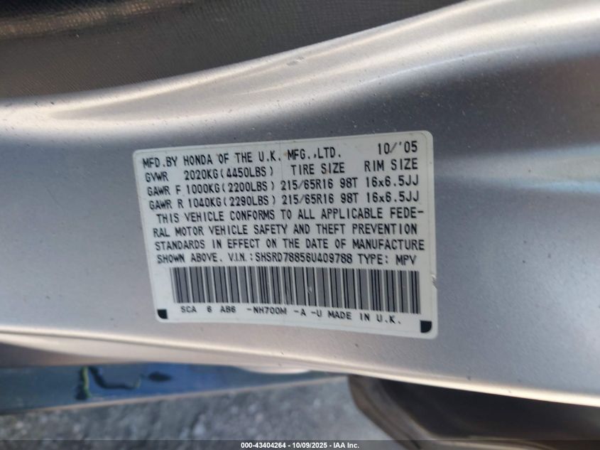 2006 Honda Cr-V Ex VIN: SHSRD78856U409788 Lot: 43404264