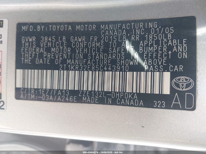 2005 Toyota Matrix VIN: 2T1KR32E85C443910 Lot: 43404274