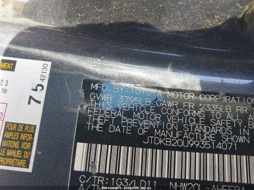 2009 Toyota Prius VIN: JTDKB20U993514071 Lot: 43404277