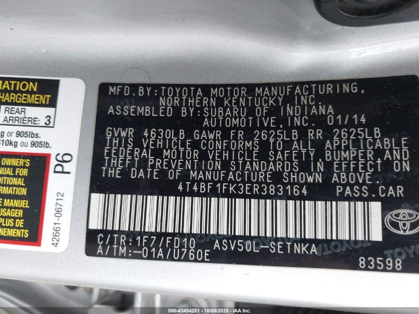 2014 Toyota Camry Le VIN: 4T4BF1FK3ER383164 Lot: 43404281
