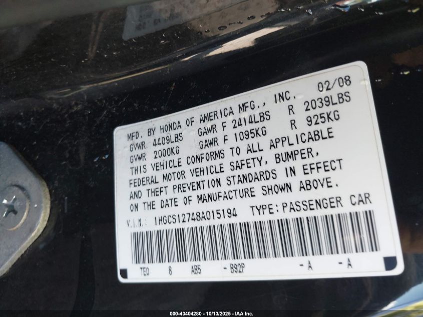 2008 Honda Accord 2.4 Ex VIN: 1HGCS12748A015194 Lot: 43404280