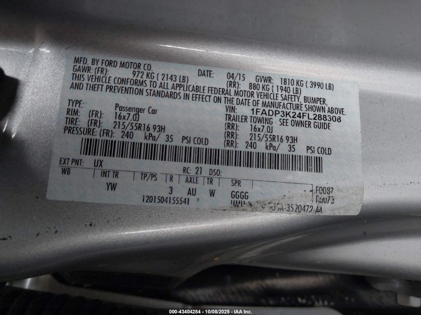 2015 Ford Focus Se VIN: 1FADP3K24FL288308 Lot: 43404284