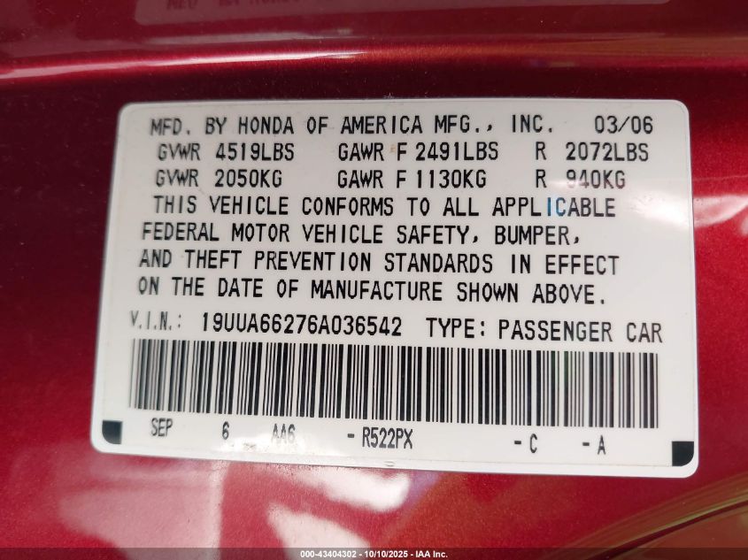 2006 Acura Tl VIN: 19UUA66276A036542 Lot: 43404302