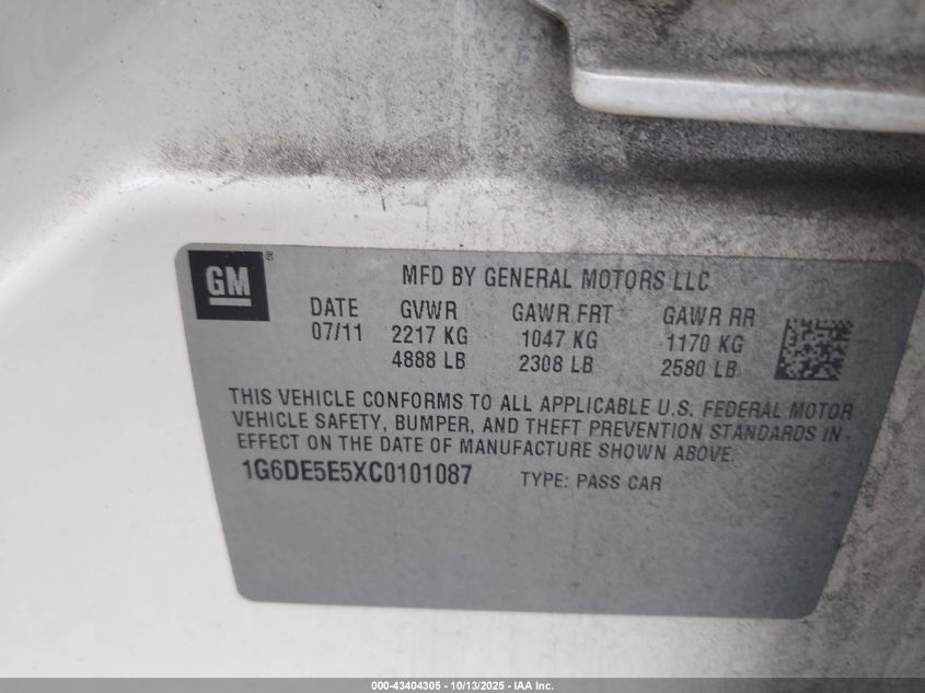 2012 Cadillac Cts Luxury VIN: 1G6DE5E5XC0101087 Lot: 43404305