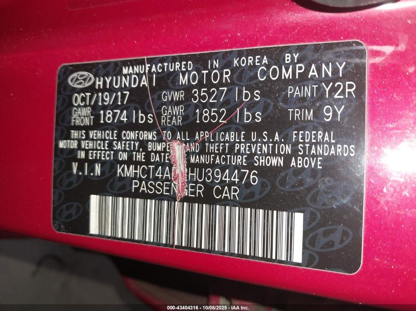 2017 Hyundai Accent Se VIN: KMHCT4AE2HU394476 Lot: 43404316