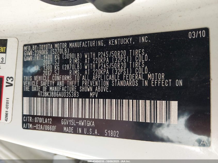 2010 Toyota Venza Base V6 VIN: 4T3BK3BB6AU035383 Lot: 43404318