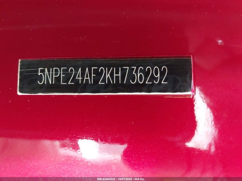 2019 Hyundai Sonata Se VIN: 5NPE24AF2KH736292 Lot: 43404322